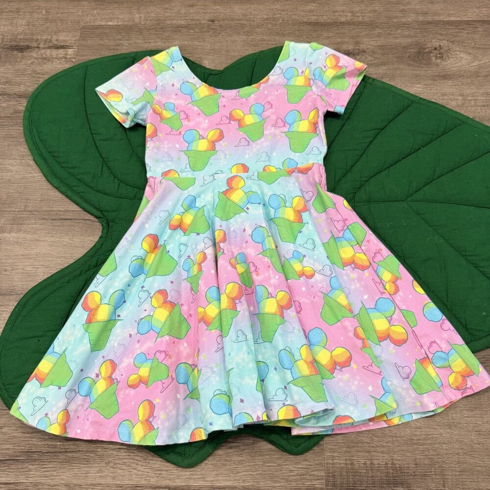 Raising Wilds Girls 7 Mickey Rainbow Shave Ice Short Sleeve Twirl Dress